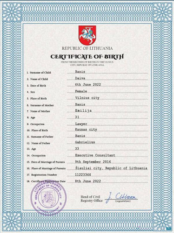 Download Lithuania vital record birth certificate PSD template Photoshop template